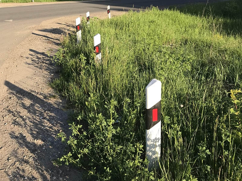 Дорожный сигнальный столбик на дороге Дорожный сигнальный столбик на дороге